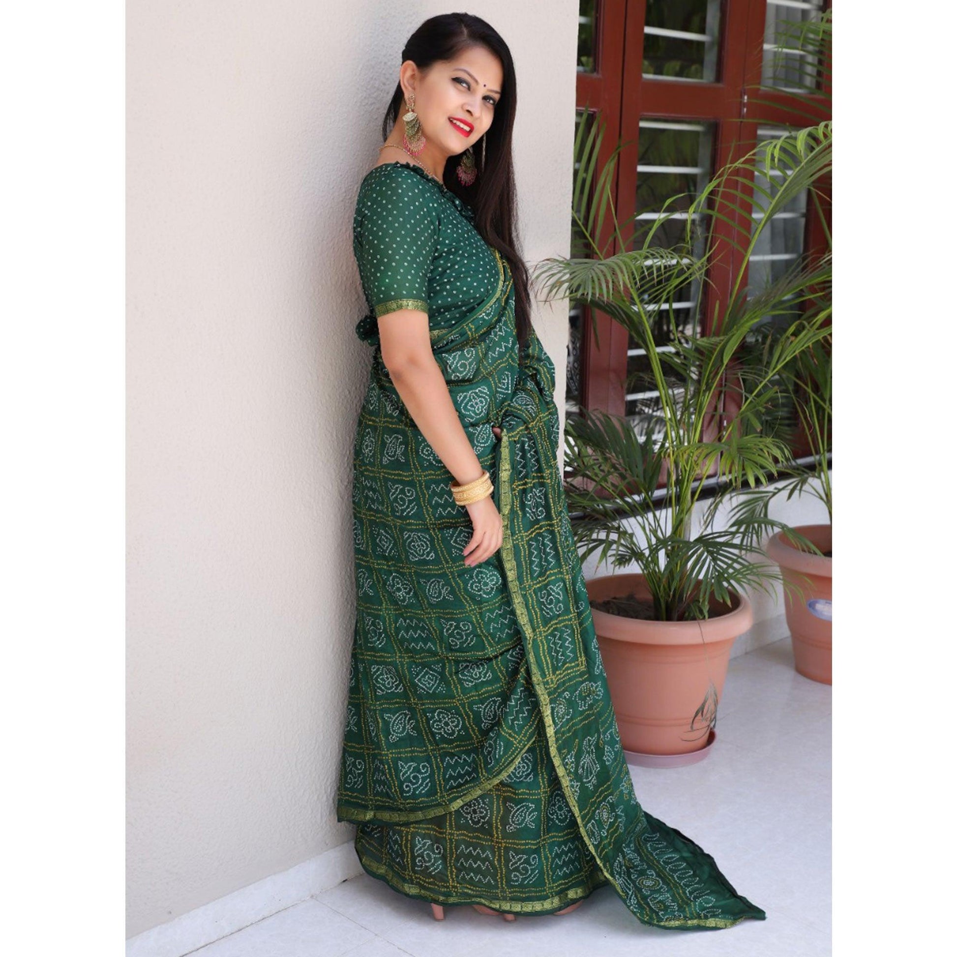 Bottle Green Bandhani Printed With Woven Border Tapetta Silk Saree