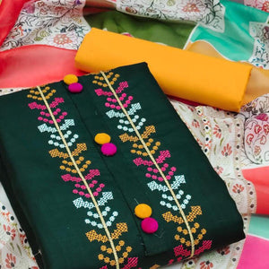 Bottle Green Casual Wear Embroidered Cotton Dress Material