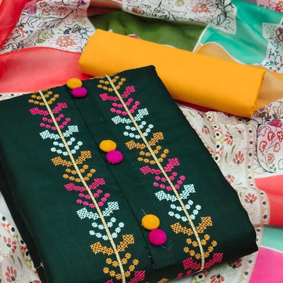 Bottle Green Casual Wear Embroidered Cotton Dress Material