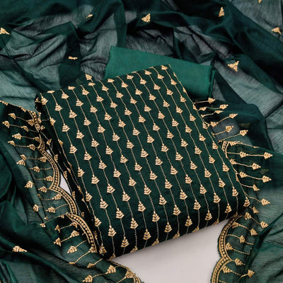 Bottle Green  Casual Wear Embroidered Modal Chanderi Dress Material