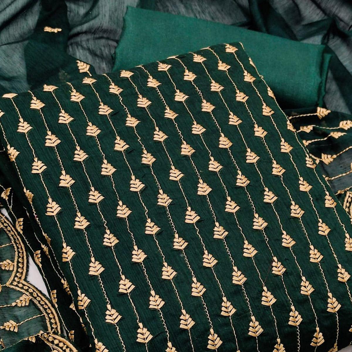 Bottle Green  Casual Wear Embroidered Modal Chanderi Dress Material