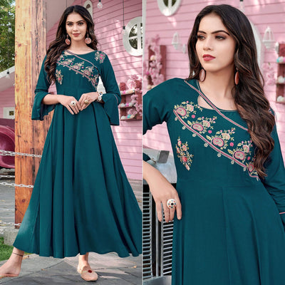 Bottle Green Casual Wear Embroidered Rayon Gown