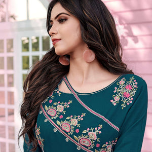 Bottle Green Casual Wear Embroidered Rayon Gown
