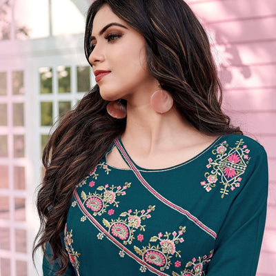 Bottle Green Casual Wear Embroidered Rayon Gown