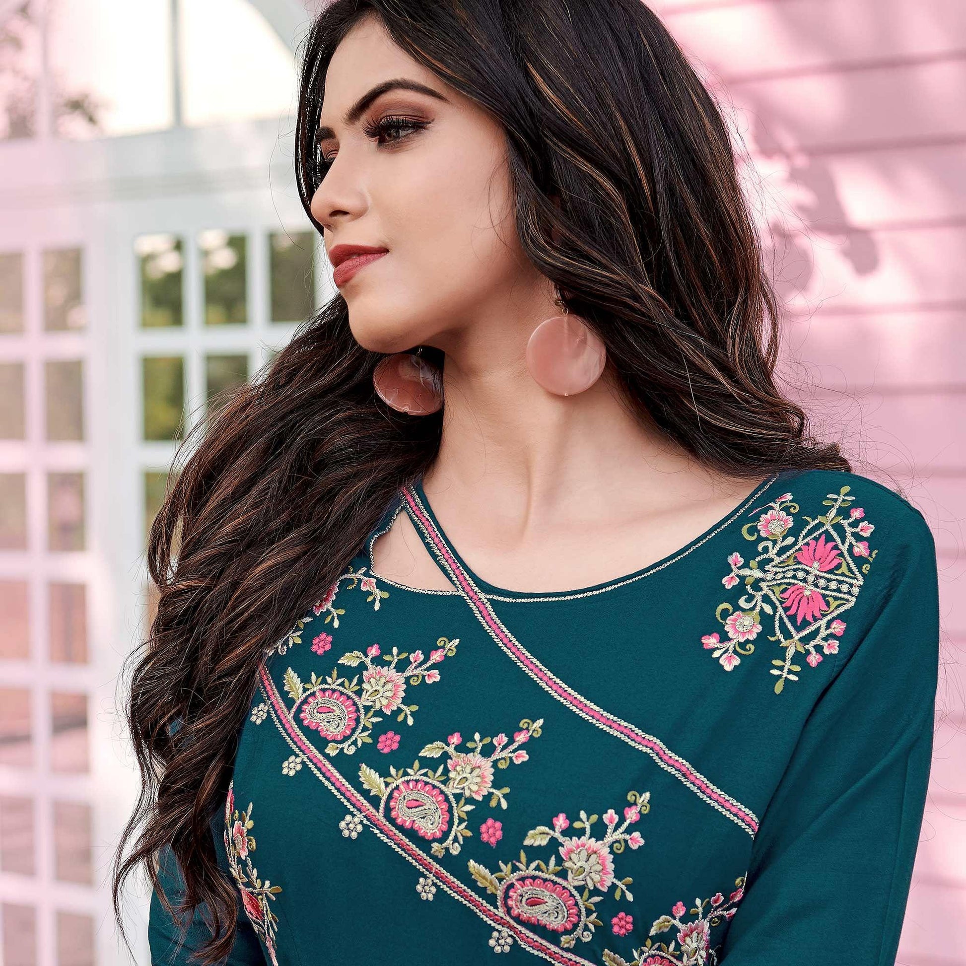 Bottle Green Casual Wear Embroidered Rayon Gown