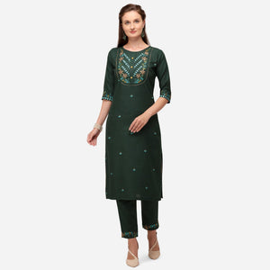 Bottle Green Casual Wear Floral Embroidered Cotton Kurti Pant Set