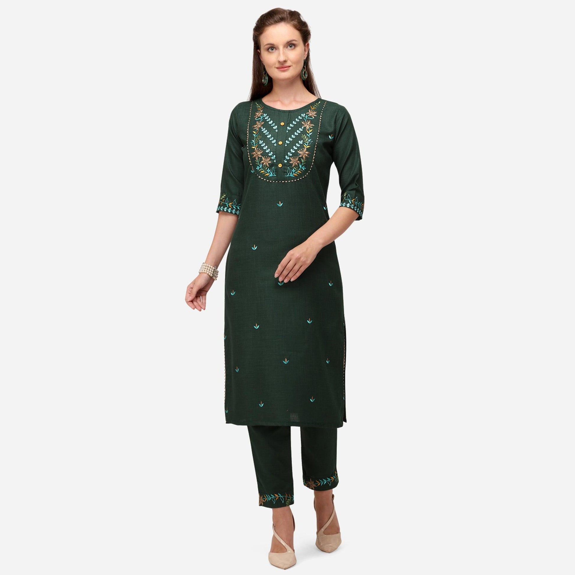 Bottle Green Casual Wear Floral Embroidered Cotton Kurti Pant Set