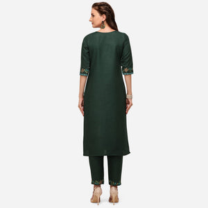 Bottle Green Casual Wear Floral Embroidered Cotton Kurti Pant Set
