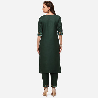 Bottle Green Casual Wear Floral Embroidered Cotton Kurti Pant Set