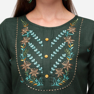 Bottle Green Casual Wear Floral Embroidered Cotton Kurti Pant Set