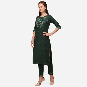 Bottle Green Casual Wear Floral Embroidered Cotton Kurti Pant Set