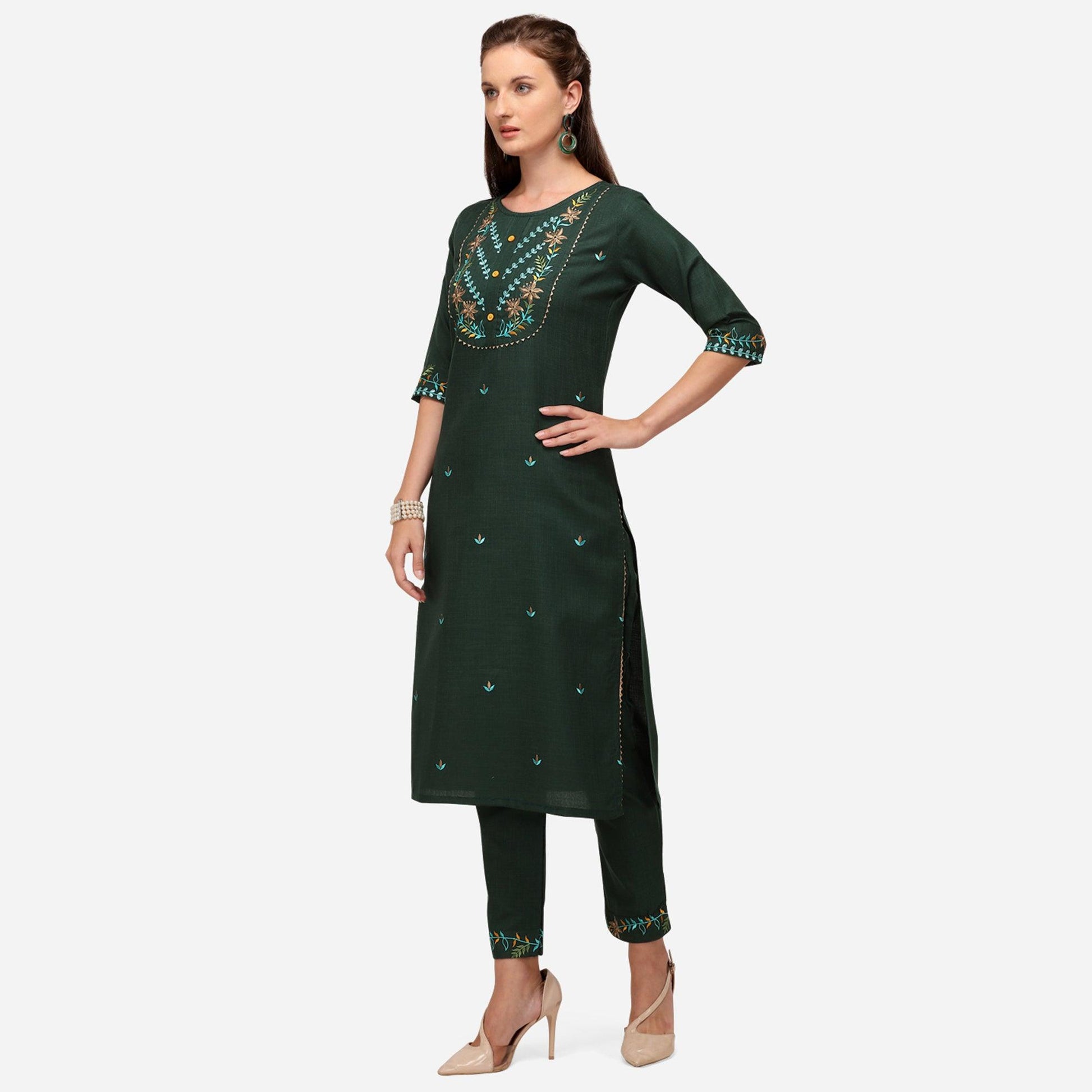 Bottle Green Casual Wear Floral Embroidered Cotton Kurti Pant Set