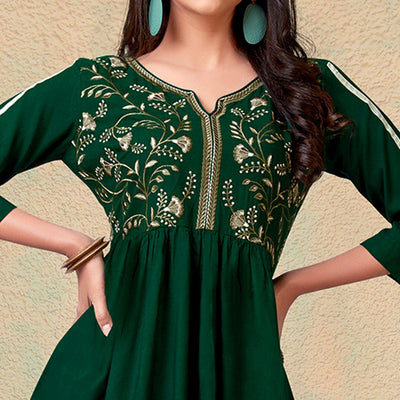 Bottle Green Casual Wear Floral Embroidered Rayon Top