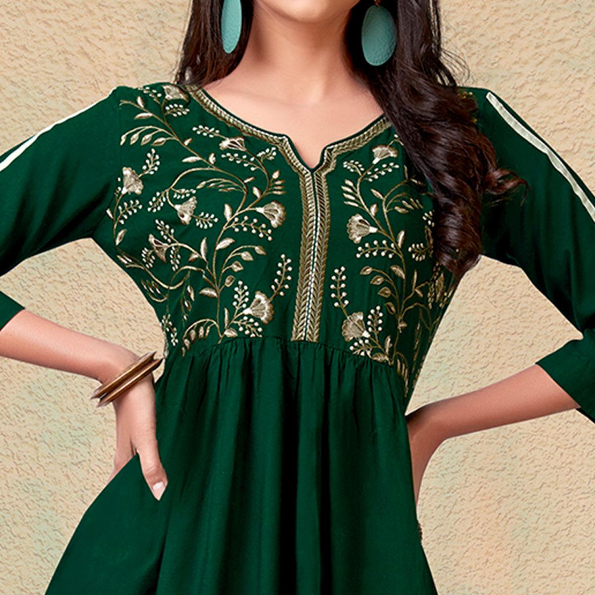Bottle Green Casual Wear Floral Embroidered Rayon Top