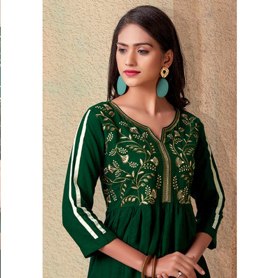 Bottle Green Casual Wear Floral Embroidered Rayon Top