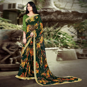 Bottle Green Casual Wear Floral Printed Chiffon Saree