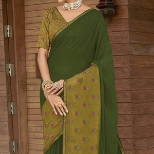 Bottle Green Casual Wear Floral Printed Chiffon Saree