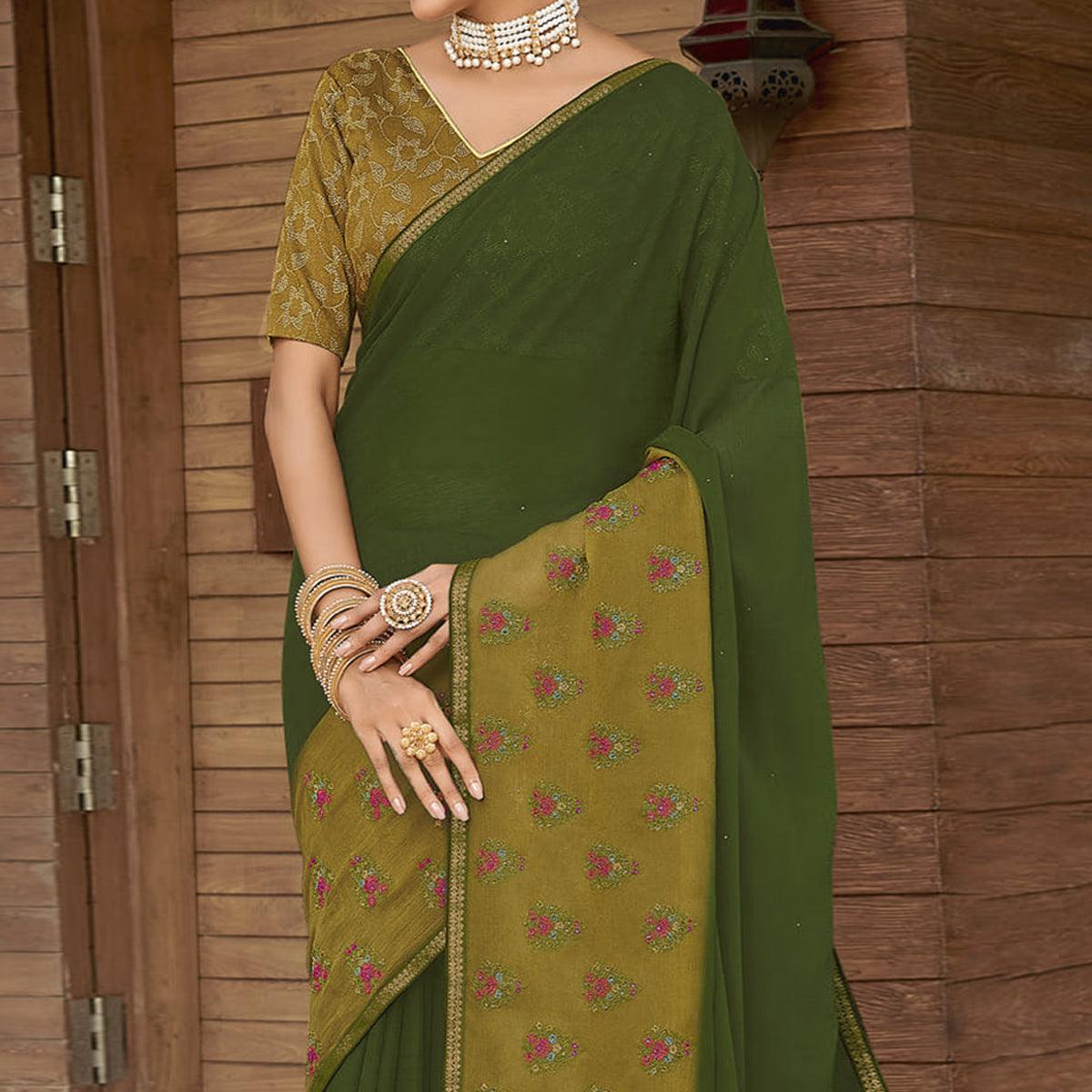 Bottle Green Casual Wear Floral Printed Chiffon Saree