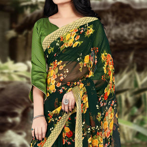 Bottle Green Casual Wear Floral Printed Chiffon Saree
