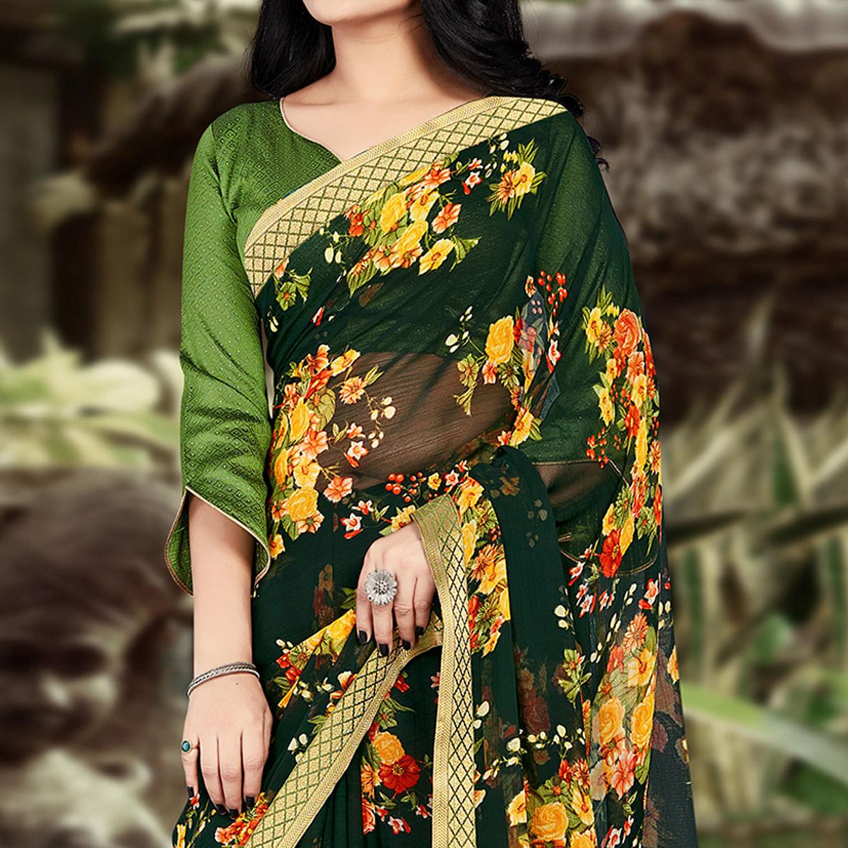 Bottle Green Casual Wear Floral Printed Chiffon Saree