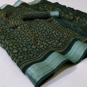 Bottle Green Casual Wear Mill Printed Linen Cotton Saree With Silver Zari Border