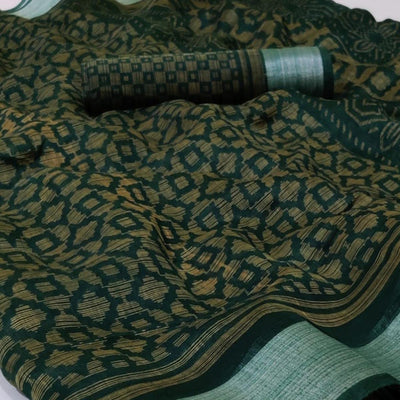 Bottle Green Casual Wear Mill Printed Linen Cotton Saree With Silver Zari Border
