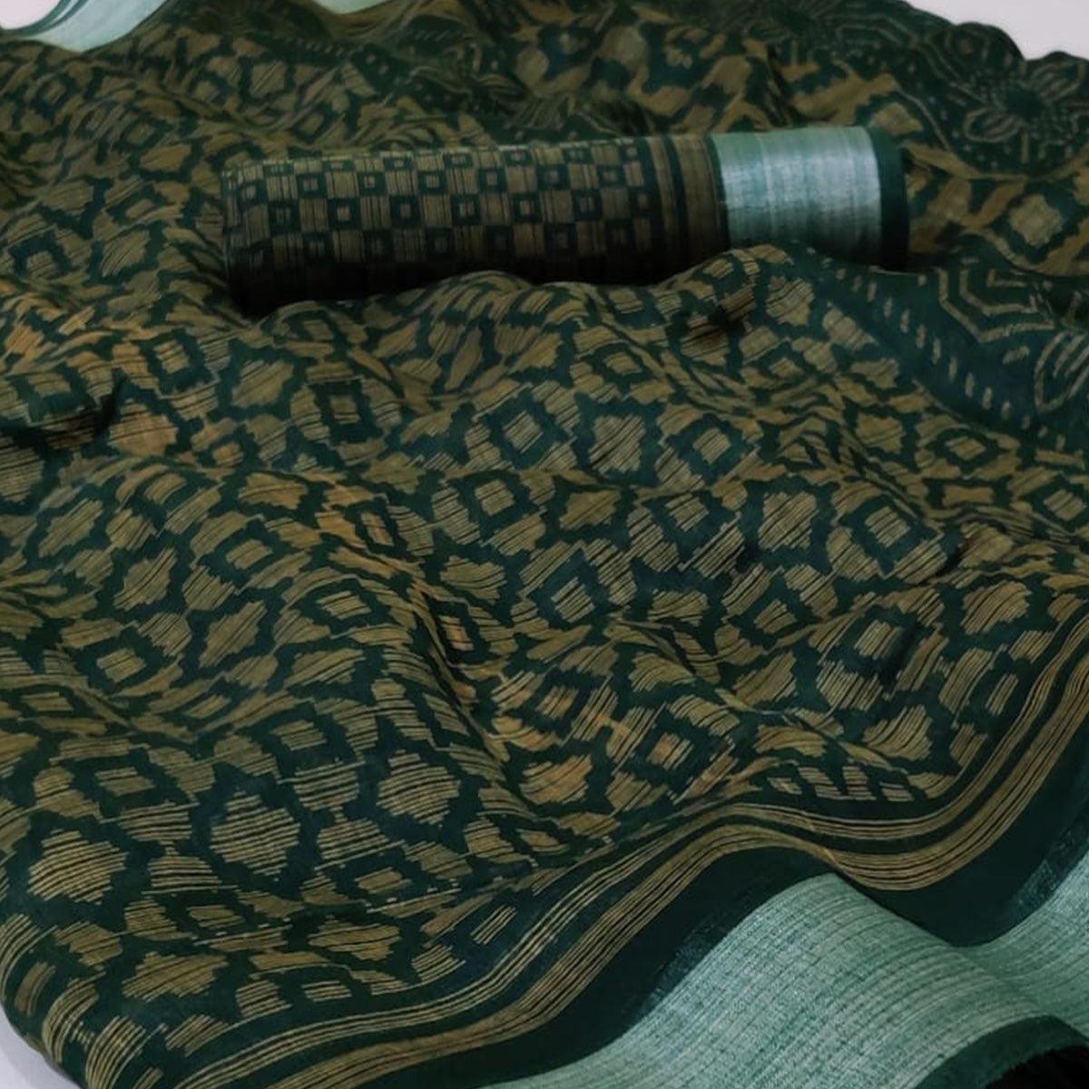 Bottle Green Casual Wear Mill Printed Linen Cotton Saree With Silver Zari Border