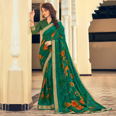 Bottle Green Casual Wear Printed Georgette Saree With Border
