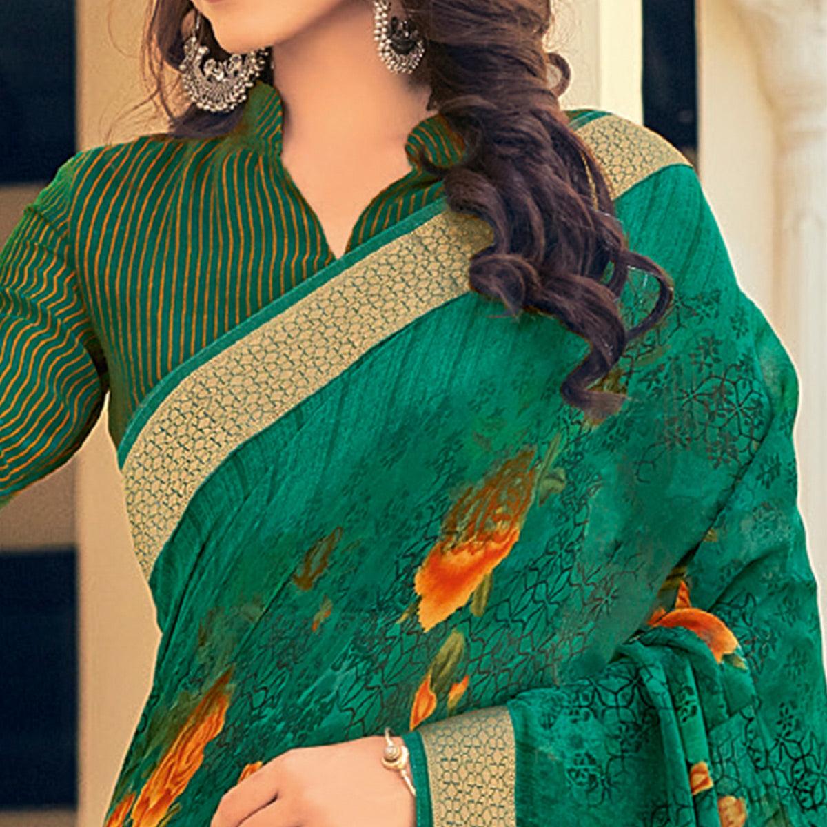 Bottle Green Casual Wear Printed Georgette Saree With Border