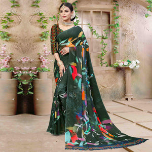 Bottle Green Digital Printed Georgette Saree