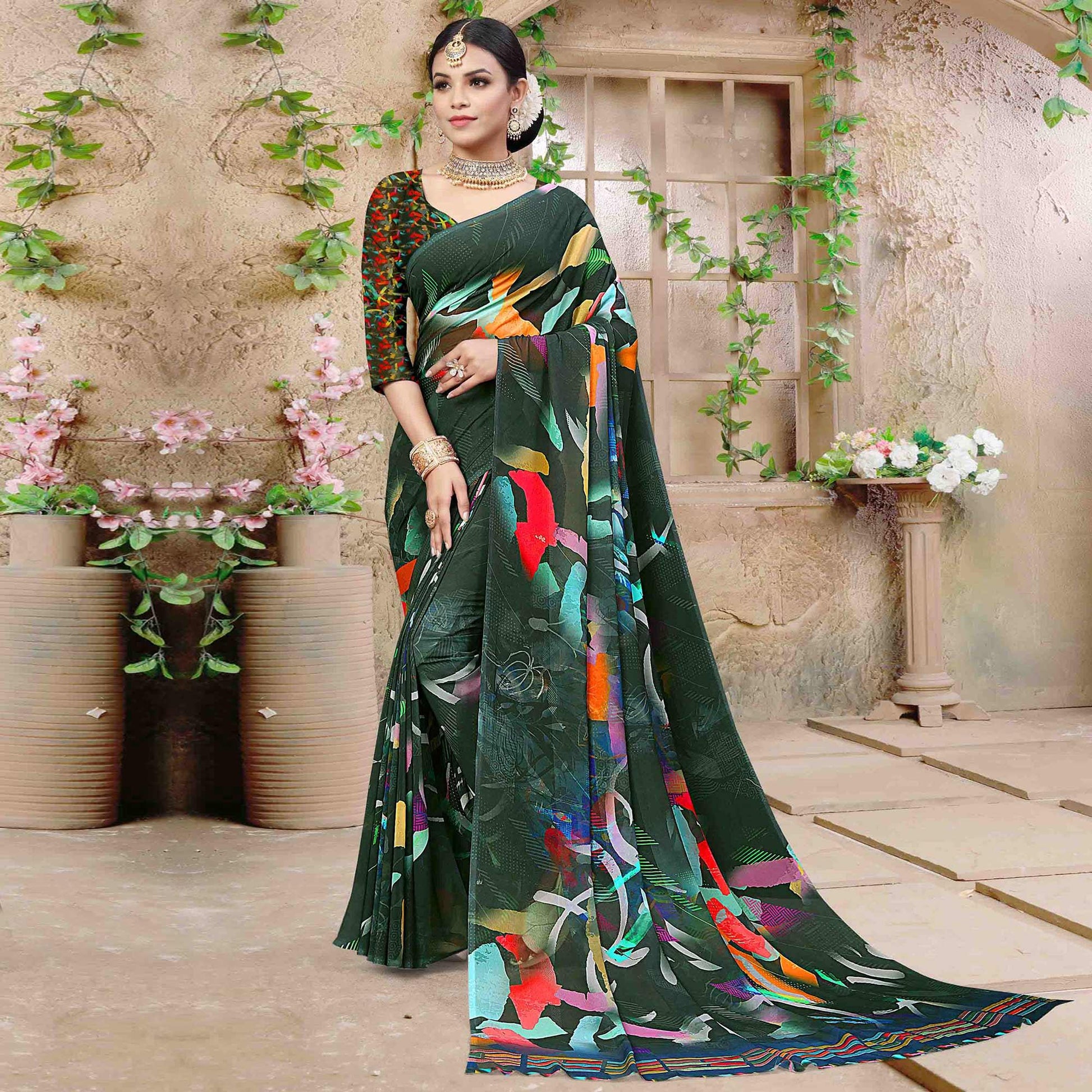 Bottle Green Digital Printed Georgette Saree