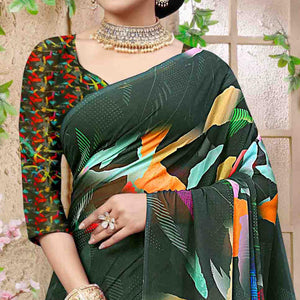 Bottle Green Digital Printed Georgette Saree