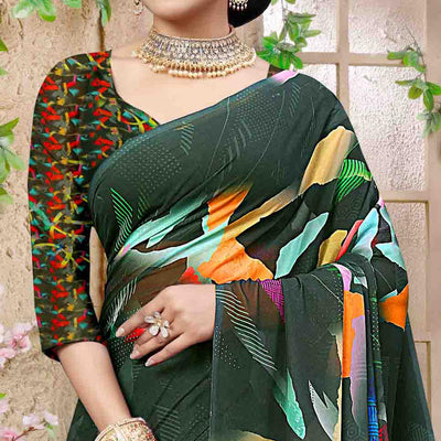 Bottle Green Digital Printed Georgette Saree