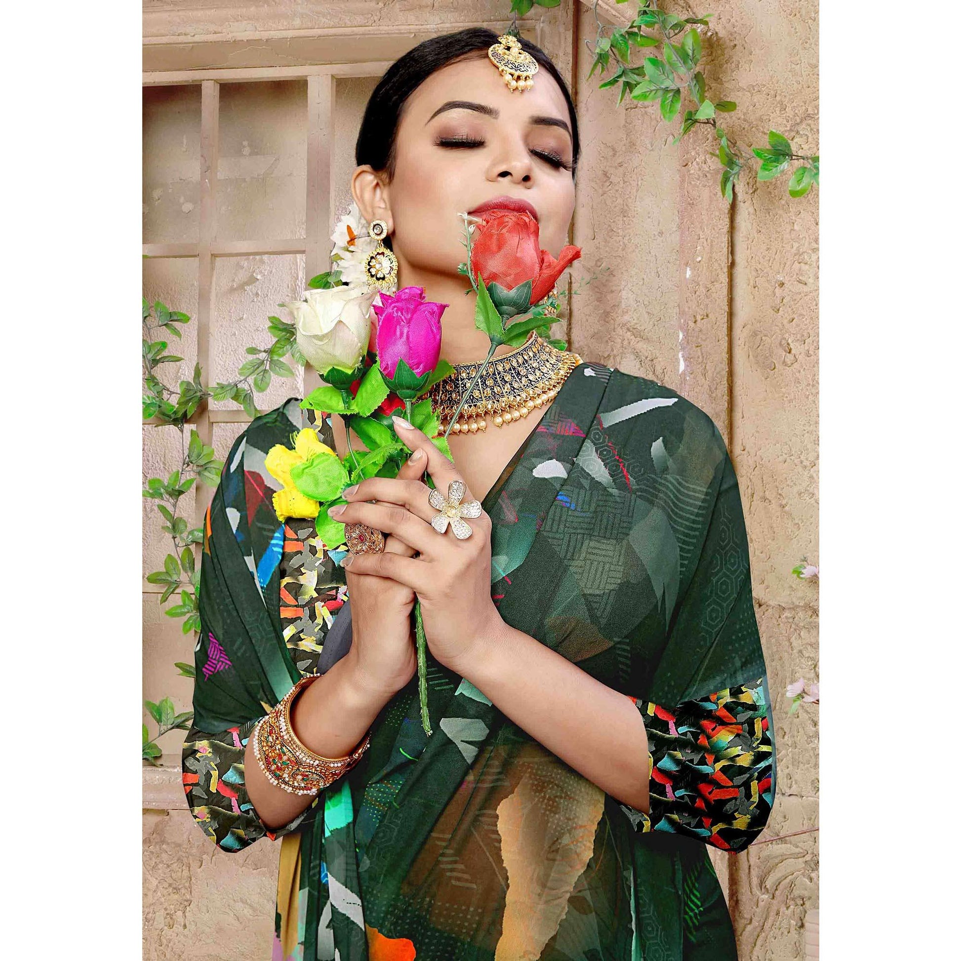 Bottle Green Digital Printed Georgette Saree