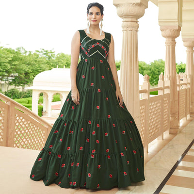 Bottle Green Embroidered Georgette Gown