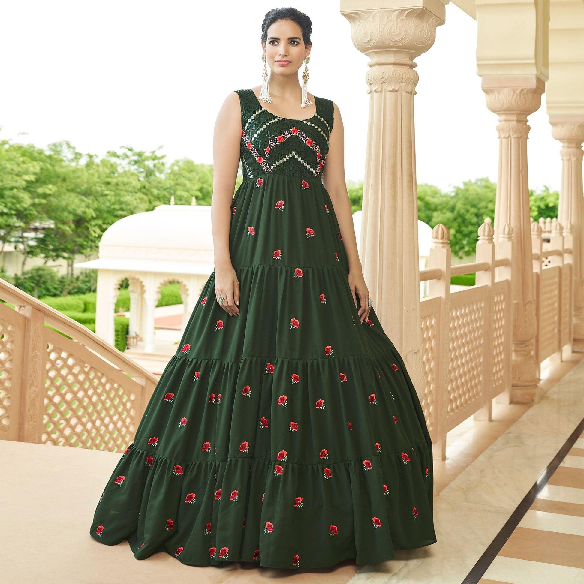 Bottle Green Embroidered Georgette Gown