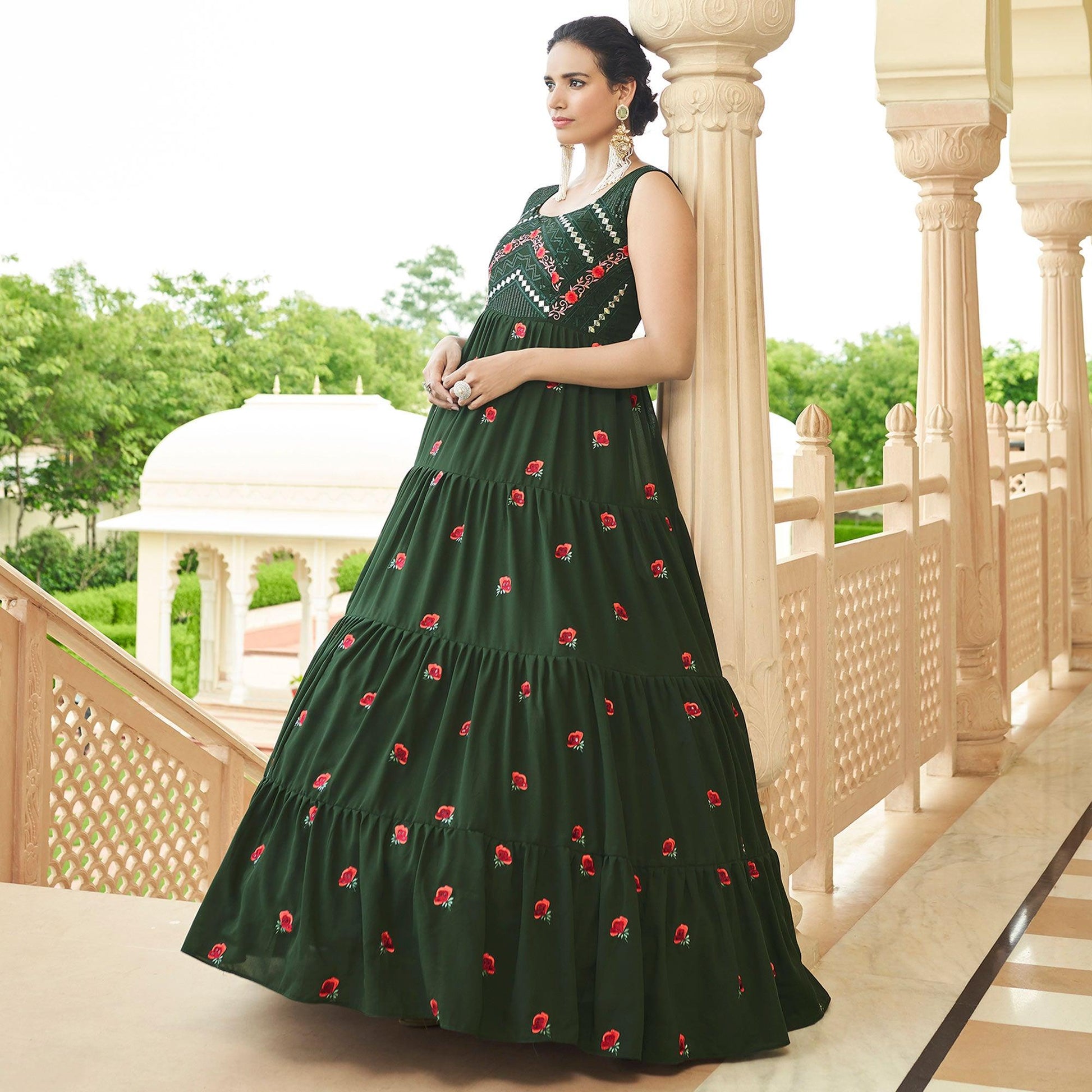 Bottle Green Embroidered Georgette Gown