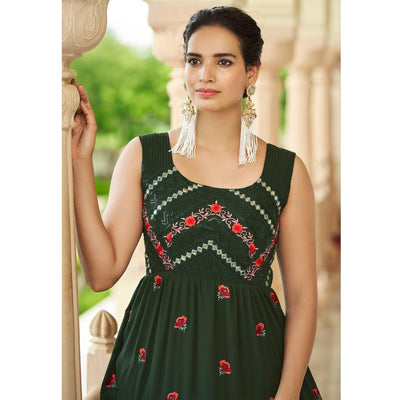 Bottle Green Embroidered Georgette Gown