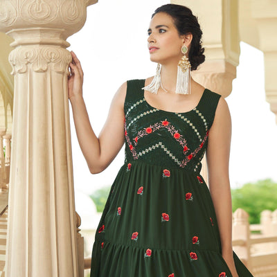 Bottle Green Embroidered Georgette Gown