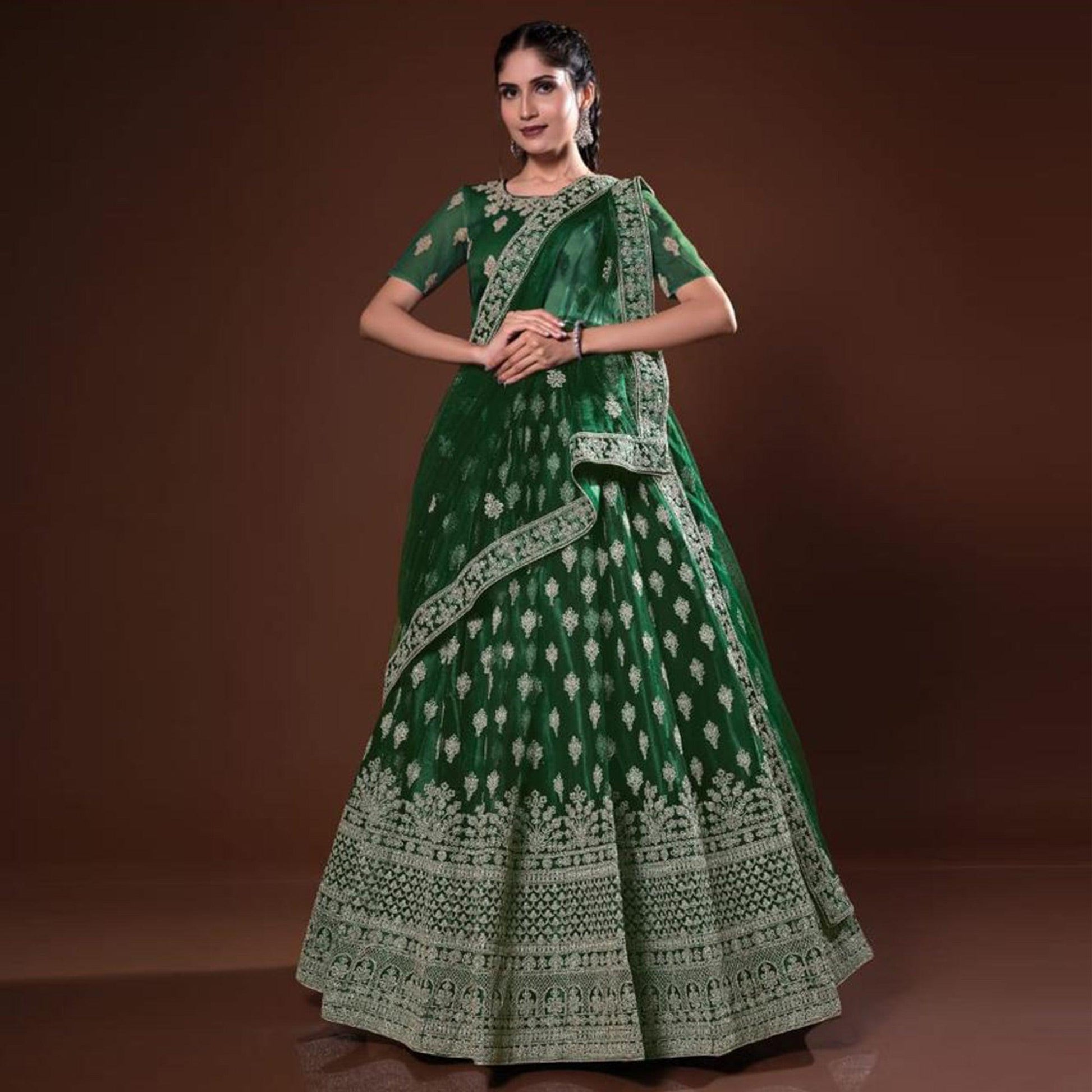 Bottle Green Embroidered Net Lehenga Choli