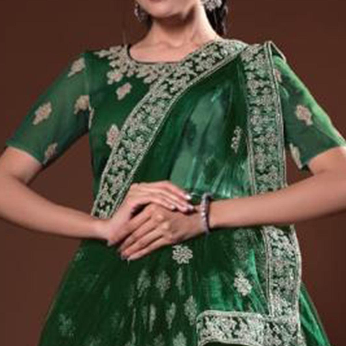 Bottle Green Embroidered Net Lehenga Choli