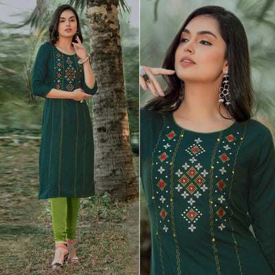 Bottle Green Embroidered Pure Cotton Kurti