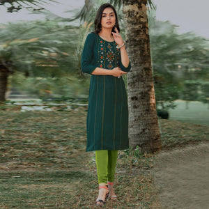 Bottle Green Embroidered Pure Cotton Kurti