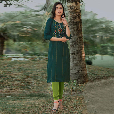 Bottle Green Embroidered Pure Cotton Kurti