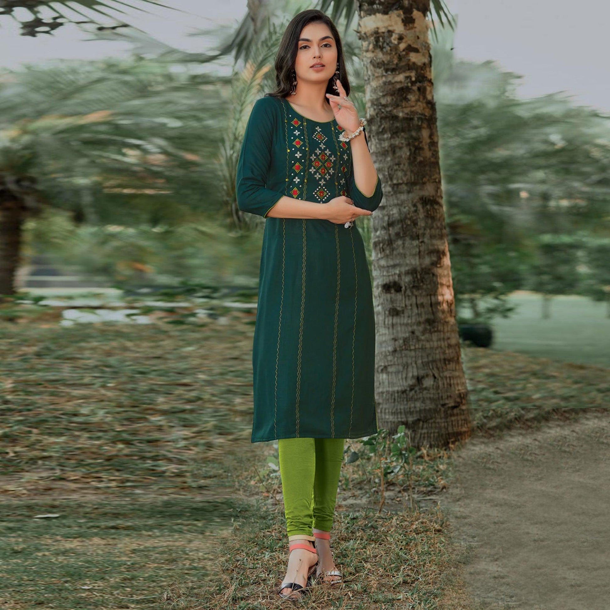 Bottle Green Embroidered Pure Cotton Kurti