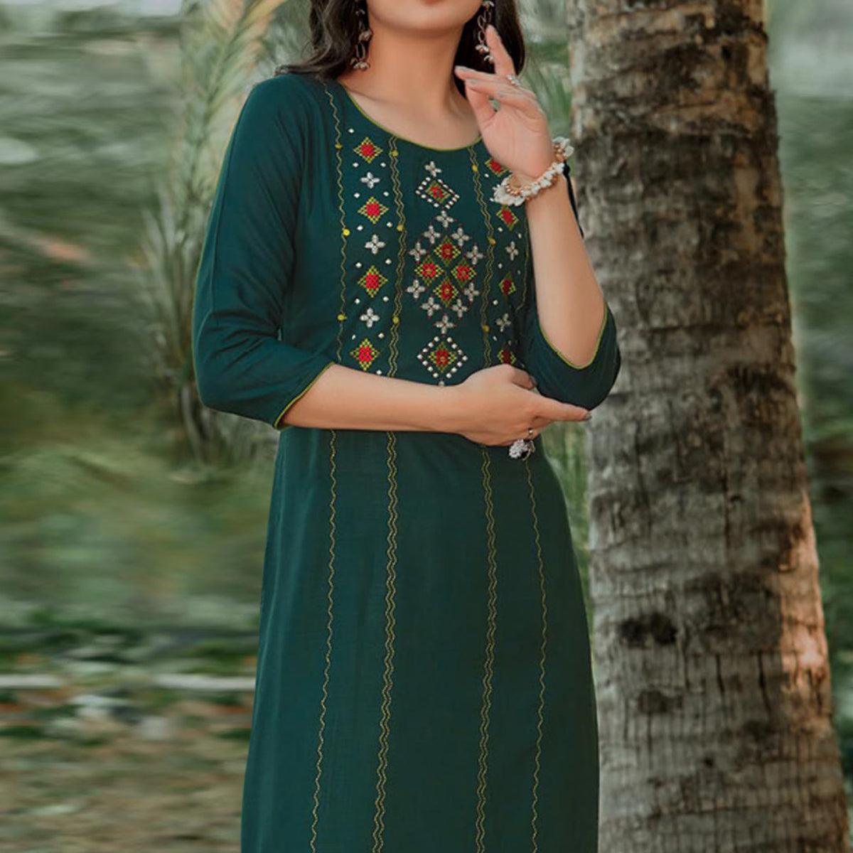 Bottle Green Embroidered Pure Cotton Kurti
