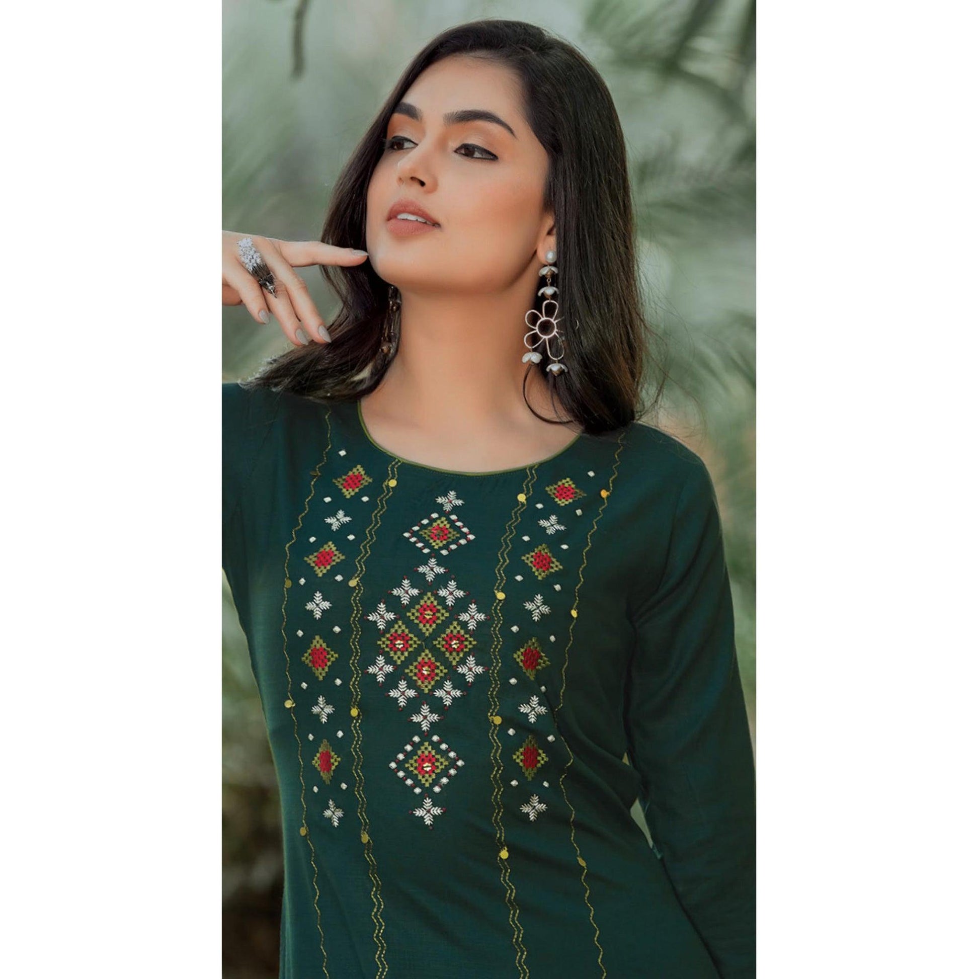 Bottle Green Embroidered Pure Cotton Kurti
