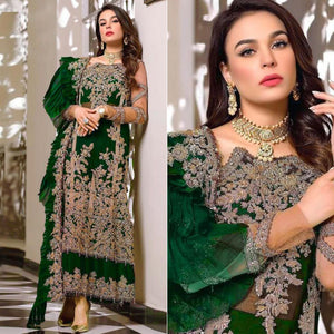 Bottle Green Embroidered Resham Work Georgette Pakistani Suit