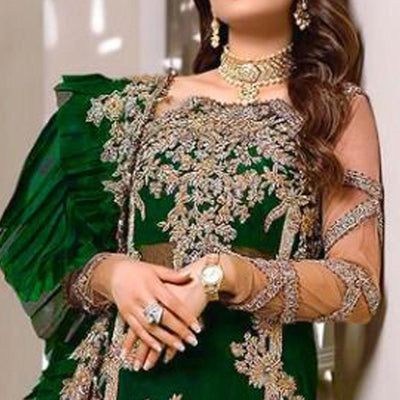 Bottle Green Embroidered Resham Work Georgette Pakistani Suit