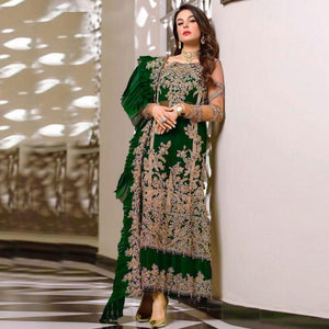 Bottle Green Embroidered Resham Work Georgette Pakistani Suit